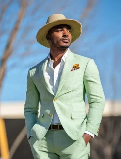 Men's Wedding Party Linen Suits Notch Lapel Sky Blue Sage Fashion Casual Solid Colored Standard Fit 2 Piece Single Breasted Two-buttons