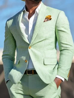 Men's Wedding Party Linen Suits Notch Lapel Sky Blue Sage Fashion Casual Solid Colored Standard Fit 2 Piece Single Breasted Two-buttons
