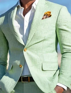 Men's Wedding Party Linen Suits Notch Lapel Sky Blue Sage Fashion Casual Solid Colored Standard Fit 2 Piece Single Breasted Two-buttons