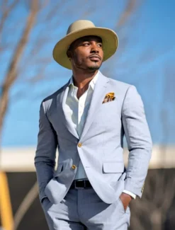 Men's Wedding Party Linen Suits Notch Lapel Sky Blue Sage Fashion Casual Solid Colored Standard Fit 2 Piece Single Breasted Two-buttons