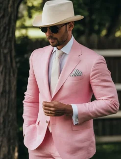 Men's Wedding Party Linen Suits Peaked Lapel Pink Fashion Casual Solid Colored Standard Fit 2 Piece Single Breasted Two-buttons