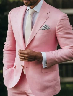 Men's Wedding Party Linen Suits Peaked Lapel Pink Fashion Casual Solid Colored Standard Fit 2 Piece Single Breasted Two-buttons