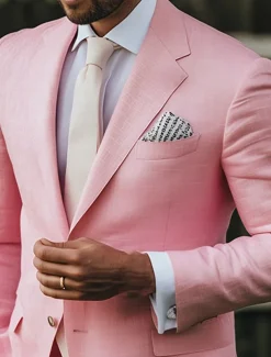 Men's Wedding Party Linen Suits Peaked Lapel Pink Fashion Casual Solid Colored Standard Fit 2 Piece Single Breasted Two-buttons