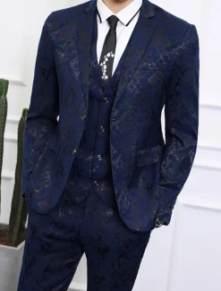 Men's Wedding Party Suits Notch Black Dark Navy Patterned Standard Fit 3 Piece Single Breasted Two-buttons