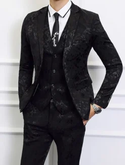 Men's Wedding Party Suits Notch Black Dark Navy Patterned Standard Fit 3 Piece Single Breasted Two-buttons
