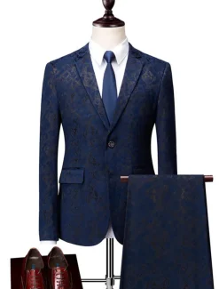 Men's Wedding Party Suits Notch Black Dark Navy Patterned Standard Fit 3 Piece Single Breasted Two-buttons