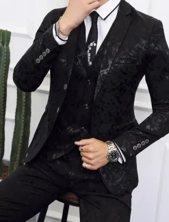Men's Wedding Party Suits Notch Black Dark Navy Patterned Standard Fit 3 Piece Single Breasted Two-buttons