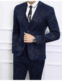 Men's Wedding Party Suits Notch Black Dark Navy Patterned Standard Fit 3 Piece Single Breasted Two-buttons