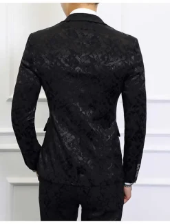 Men's Wedding Party Suits Notch Black Dark Navy Patterned Standard Fit 3 Piece Single Breasted Two-buttons