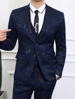 Men's Wedding Party Suits Notch Black Dark Navy Patterned Standard Fit 3 Piece Single Breasted Two-buttons