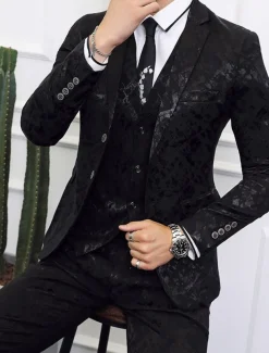 Men's Wedding Party Suits Notch Black Dark Navy Patterned Standard Fit 3 Piece Single Breasted Two-buttons