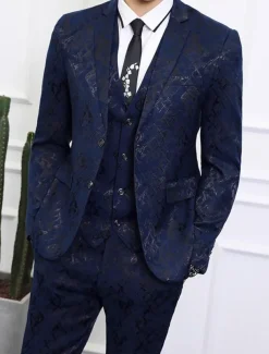 Men's Wedding Party Suits Notch Black Dark Navy Patterned Standard Fit 3 Piece Single Breasted Two-buttons