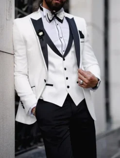 Men's Wedding Party Suits Peak Light Yellow White Solid Colored Tailored Fit 2 Piece Single Breasted One-button