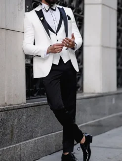 Men's Wedding Party Suits Peak Light Yellow White Solid Colored Tailored Fit 2 Piece Single Breasted One-button