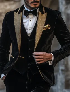 Men's Wedding Party Suits Peaked Lapel Black Fashion Party Solid Colored Standard Fit 3 Piece Single Breasted One-button