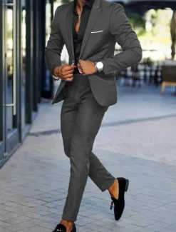 Men's Wedding Party Suits Notch Black Dark Navy Business Casual Solid Colored Tailored Fit 2 Piece Single Breasted One-button