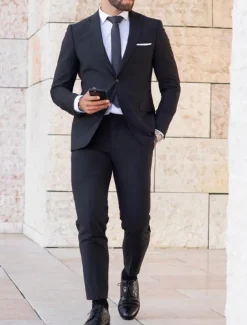 Men's Wedding Party Suits Notch Black Dark Navy Business Casual Solid Colored Tailored Fit 2 Piece Single Breasted One-button