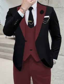 Men's Wedding Party Suits Notch Dark Khaki Black+beige Solid Colored Tailored Fit 3 Piece Single Breasted One-button