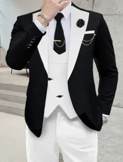 Men's Wedding Party Suits Notch Dark Khaki Black+beige Solid Colored Tailored Fit 3 Piece Single Breasted One-button