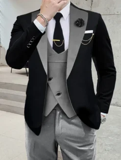 Men's Wedding Party Suits Notch Dark Khaki Black+beige Solid Colored Tailored Fit 3 Piece Single Breasted One-button