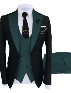 Men's Wedding Party Suits Notch Dark Khaki Black+beige Solid Colored Tailored Fit 3 Piece Single Breasted One-button