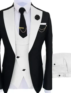 Men's Wedding Party Suits Notch Dark Khaki Black+beige Solid Colored Tailored Fit 3 Piece Single Breasted One-button