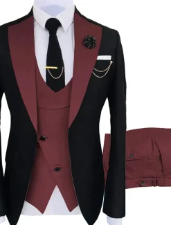 Men's Wedding Party Suits Notch Dark Khaki Black+beige Solid Colored Tailored Fit 3 Piece Single Breasted One-button