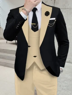 Men's Wedding Party Suits Notch Dark Khaki Black+beige Solid Colored Tailored Fit 3 Piece Single Breasted One-button