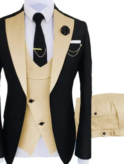 Men's Wedding Party Suits Notch Dark Khaki Black+beige Solid Colored Tailored Fit 3 Piece Single Breasted One-button