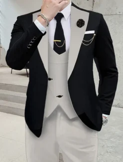 Men's Wedding Party Suits Notch Dark Khaki Black+beige Solid Colored Tailored Fit 3 Piece Single Breasted One-button