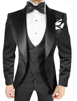 Men's Wedding Party Tuxedos Homecoming Party Black Floral Tailored Fit 3 Piece Single Breasted One-button