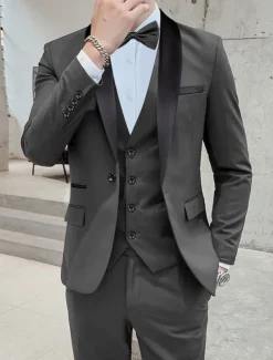 Men's Wedding Party Tuxedos Black Tie Homecoming Dark Grey Summer Solid Color Standard Fit 3 Piece Single Breasted One-button