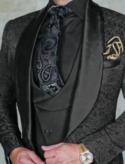 Men's Wedding Party Tuxedos Homecoming Black Burgundy Printing Standard Fit 3 Piece Single Breasted One-button