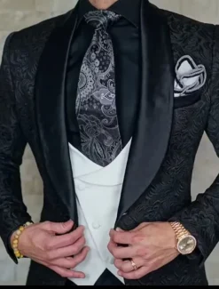 Men's Wedding Party Tuxedos Homecoming Black Burgundy Printing Standard Fit 3 Piece Single Breasted One-button