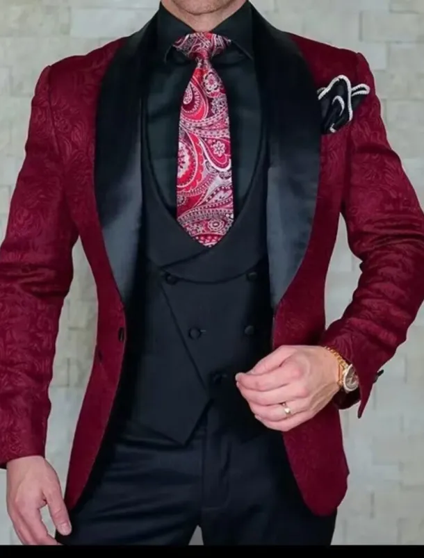 Men's Wedding Party Tuxedos Homecoming Black Burgundy Printing Standard Fit 3 Piece Single Breasted One-button