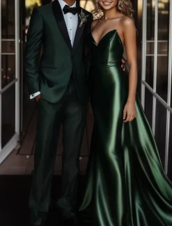 Men's Wedding Prom Party Suits Peaked Lapel Dark Green Fashion Formal Solid Colored Standard Fit 2 Piece Single Breasted One-button