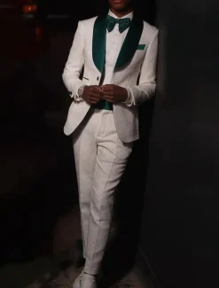 Men's Wedding Prom Party Suits White Fashion Luxury Jacquard Floral Standard Fit 2 Piece Single Breasted One-button