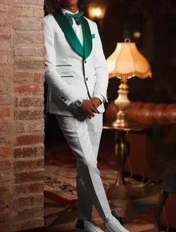 Men's Wedding Prom Party Suits White Fashion Luxury Jacquard Floral Standard Fit 2 Piece Single Breasted One-button