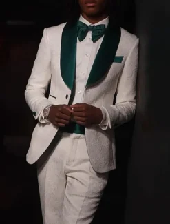Men's Wedding Prom Party Suits White Fashion Luxury Jacquard Floral Standard Fit 2 Piece Single Breasted One-button