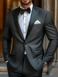 Men's Wedding Prom Party Suits Black Luxury Formal Solid Colored Tailored Fit 2 Piece Single Breasted One-button