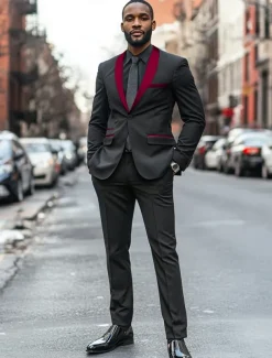 Men's Wedding Prom Party Suits Shawl Lapel Red Fashion Formal Solid Colored Standard Fit 2 Piece Single Breasted One-button