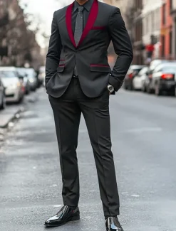 Men's Wedding Prom Party Suits Shawl Lapel Red Fashion Formal Solid Colored Standard Fit 2 Piece Single Breasted One-button