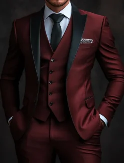 Men's Wedding Prom Party Suits Peaked Lapel Burgundy Business Luxury Solid Colored Standard Fit 3 Piece Single Breasted One-button