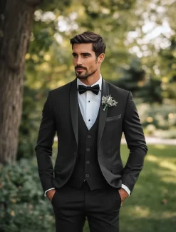 Men's Wedding Prom Suits Black Red Business Formal Solid Colored Standard Fit 3 Piece Single Breasted One-button