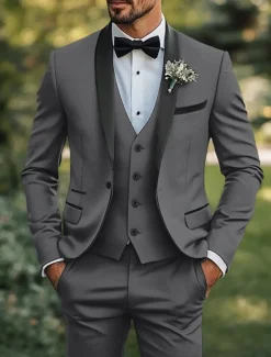 Men's Wedding Prom Suits Black Red Business Formal Solid Colored Standard Fit 3 Piece Single Breasted One-button