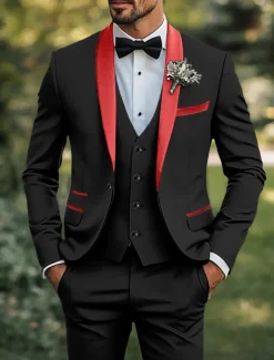 Men's Wedding Prom Suits Black Red Business Formal Solid Colored Standard Fit 3 Piece Single Breasted One-button