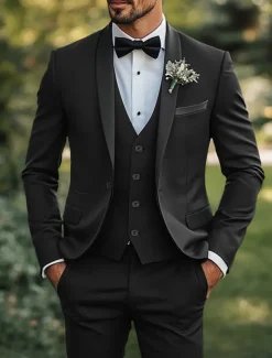 Men's Wedding Prom Suits Black Red Business Formal Solid Colored Standard Fit 3 Piece Single Breasted One-button