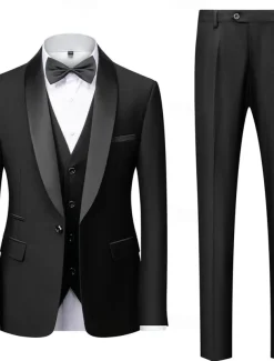 Men's Wedding Prom Suits Black Red Business Formal Solid Colored Standard Fit 3 Piece Single Breasted One-button