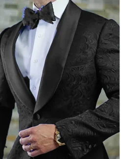 Men's Wedding Prom Suits Shawl Collar Black White Party Jacquard Floral Tailored Fit 2 Piece Single Breasted One-button