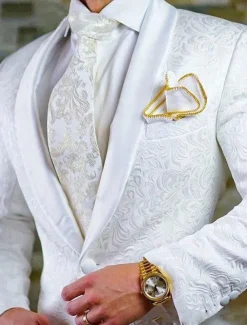 Men's Wedding Prom Suits Shawl Collar Black White Party Jacquard Floral Tailored Fit 2 Piece Single Breasted One-button